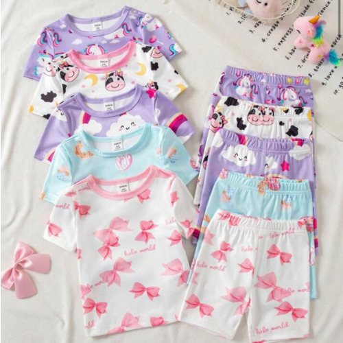4-Piece Baby Girls Toddler Round Neck Short Sleeve Shorts Summer Spring Multicolored Bow Unicorn Rainbow Donut Cow Moon And Star Digital Print Snug Fit Pajamas Homewear Loungewear Set Breathable Lightweight Knit Soft Fabric Cute Cozy Comfy Casual Fun Kids