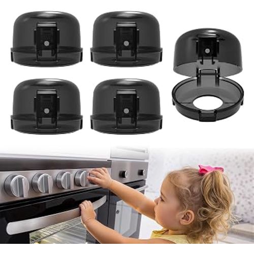 BBsecure Stove Knob Safety Covers - 5 Pack Heat Resistant Stove Knob Covers | Oven Knob Covers for Child Safety, 3M Strong Adhesive, Dual-Button Locks & Visual Design, for Kids & Pets, Black