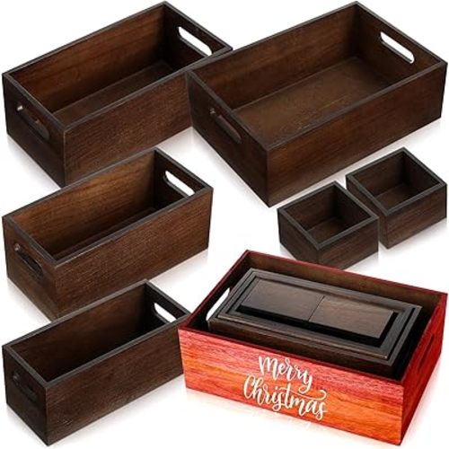 Yetene Set of 6 Wood Storage Boxes with Handles Wooden Nesting Crates Rustic Farmhouse Storage Container for DIY Crafts Party Home Table Decoration Display(Brown)