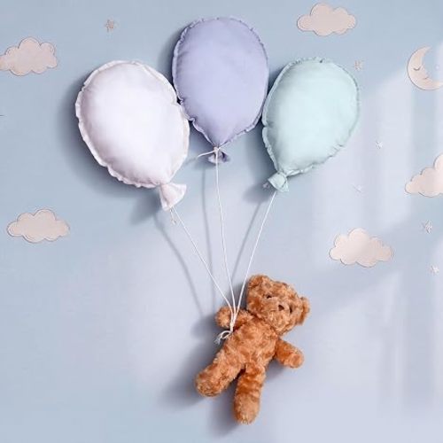 Gejoy 4 Pcs Nursery Wall Decor Fabric Balloon and Khaki Bear 11.8 x 9.8 Inch Oval Balloon Hanging Decoration Bedroom Decor for Baby Shower Boys Girls Gifts Home Accessories(Oval,Blue-toned)