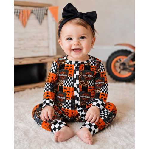 Baby Girl Motorcycle Bamboo Zippered Sleeper, Checkered Moto One-Piece Romper