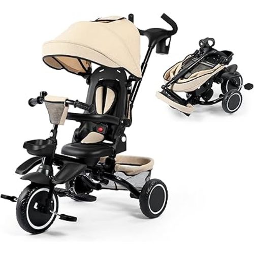 Kinder King Kids Tricycle, 8 in 1 Folding Toddler Trike w/Adjustable Push Handle, Rotatable Seat, Adjustable Canopy, Bell, Five-Point Harness, Storage, Toddler Stroller Bike for Age 6 Months+, Khaki