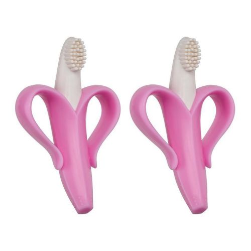 Maison Banana Teether, Self-Soothing Pain Relief Soft Silicone Teething Toy Pink (2 Pack)