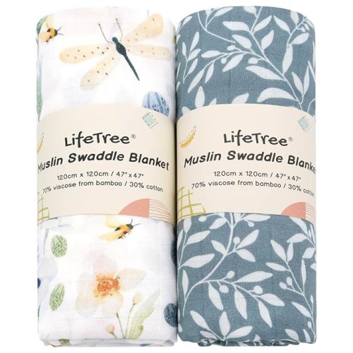 LifeTree Baby Swaddle Blankets, Boys Girls Muslin Swaddling Wrap Receiving Blanket for Newborn, 70% Viscose from Bamboo and 30% Cotton, Large 47" x 47", Blue Floral and Leaf