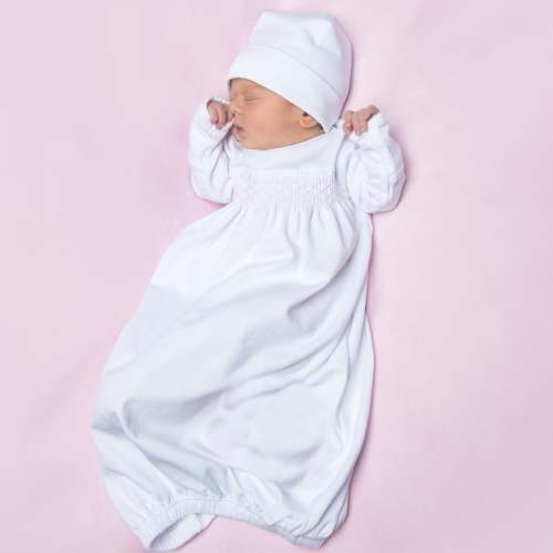 Baby Girl White Smocked Gown with Pink Trim - Peruvian Pima Cotton – Magnolia Baby