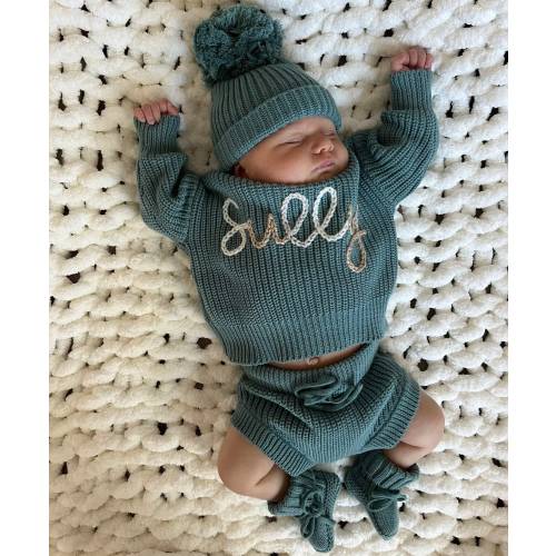 Newborn Baby Sweater Set - Lake, Custom Name Baby Sweater & Shorts, Personalized Sweater, Birth Announcement Outfit, Hand Embroidered