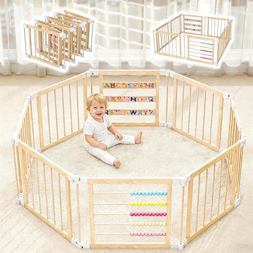 COCO DESIGN Baby Wooden Playpen, 8 Panel Foldable Play Yard for Babies | with Door Panel and Built-in Toys, Adjustable Size & Shape Portable Play Yard for Babies and Toddlers