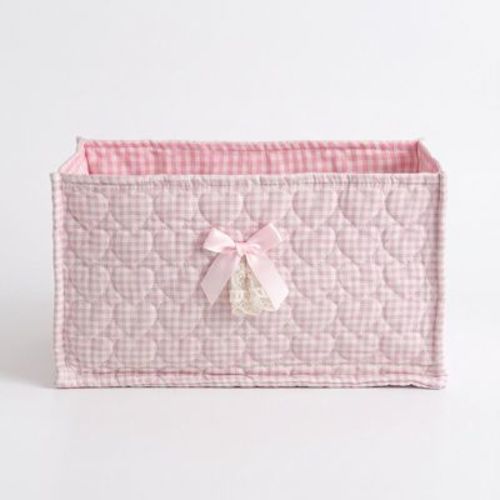 Alilang Quilted Heart Gingham Rectangular Storage Bin with Bow & Lace Accent - Pink