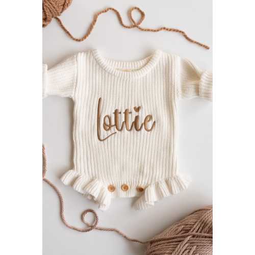 Machine Embroidered White Long Sleeve Romper - Custom Knit Romper, Embroidered Sweater Romper, Baby Gift, Birth Announcement