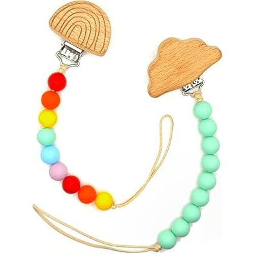 Wood Paci Clips 2 Pack for Baby Girl & Boy, Premium Flexible Bead Design, Universal Fit, Safe Pacifier Holder