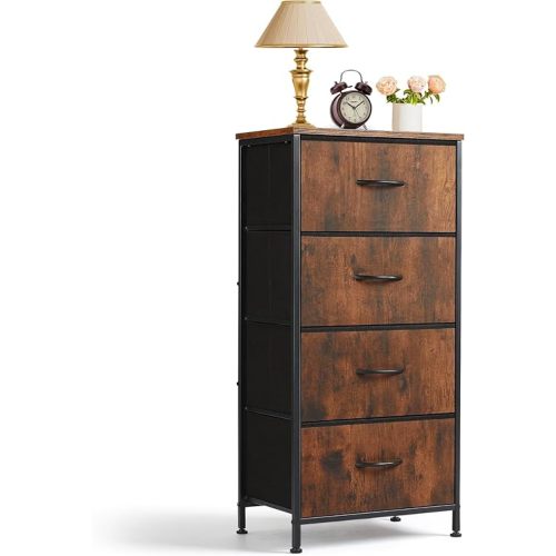 Nightstand, 4 Drawer Dresser End Table Bedside Furniture with Wooden Top Steel Frame Fabric Bins for Bedroom, Closet, Entryway, Dorm, Living Room, Brown