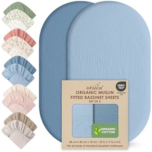 Organic Cotton Muslin Baby Bassinet Fitted Sheet 43 X 84 CM Pack of 2 Soft Breathable Lightweight Stretchable Bassinet Sheet Gentle On Skin Durable Snug Fit Sheet Newborn Bassinet Mattress