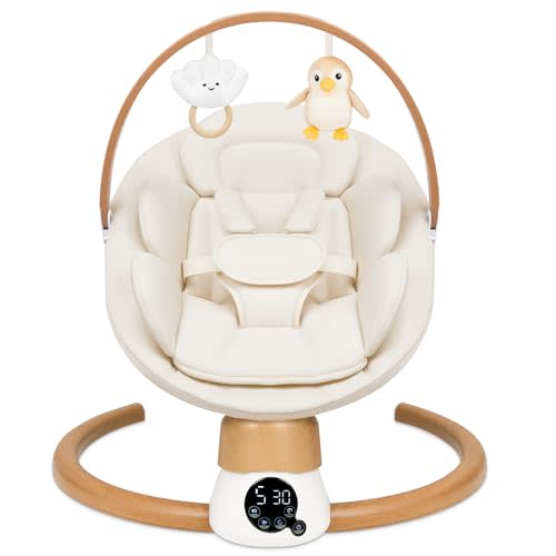 Baby Swings for Infants | Electric Portable Baby Swing with Bluetooth, 5 Swing Speed, 3 Timer Settings, 10 Lullabies, 5-Point Harness & Remote Control | Newborn Swing for Indoor & Outdoor (Beige)