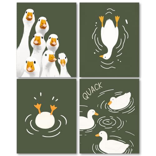 laveliabel Silly Goose Wall Art Prints Set of 4 Unframed, Funny Duck Wall Decor, Green Duck Nursery Decor, Funny Green Animal Goose Nursery Poster Prints for Home Room WallDecor 8x10inches