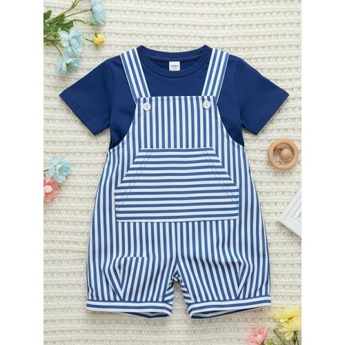 2 Pcs Toddler Boys Striped Patched Pocket Overall Romper with Tee Blue