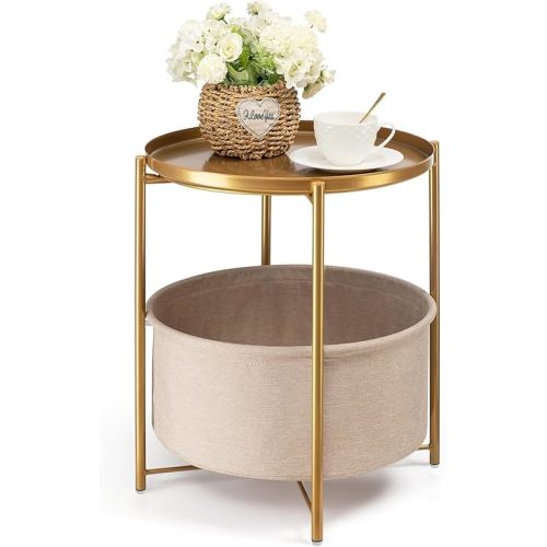 danpinera Round Side Table with Fabric Storage Basket, Metal Side Small Bedside Table Nightstand with Removable Tray Top for Living Room, Bedroom, Nursery, Laundry, Gold