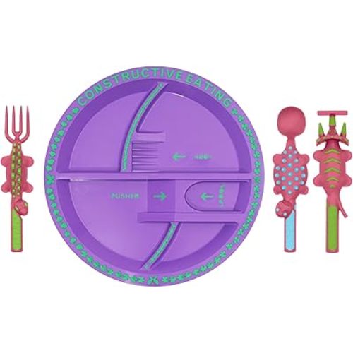 Constructive Eating Plate and Utensils Set - USA-Made Toddler Dinnerware with Divided Plates (Pink Dinosaur)