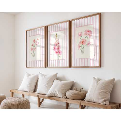 Pink Watercolor Floral Art, Print Set of 3, Grandmillenial Inspired Art, Pink Striped Decor, Gallery Set, Nancy Meyers Inspired