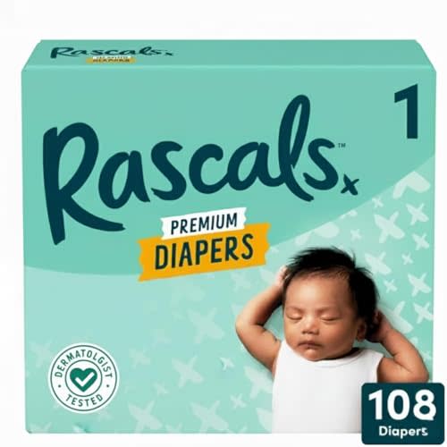 Rascals Premium Diapers, Size 1, 108 Count