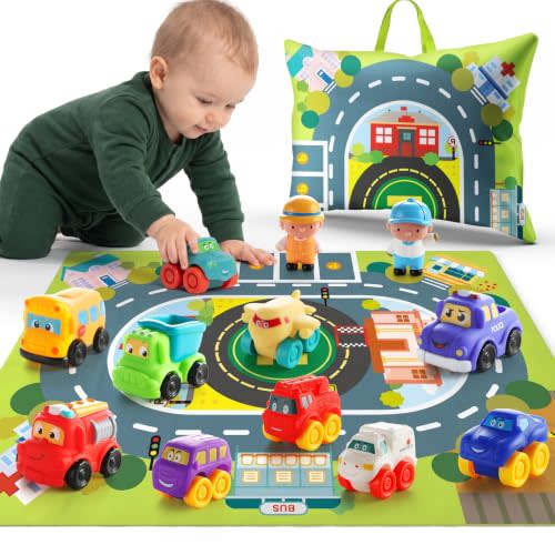 bessome 10PCS Soft Rubber City Cars with Playmat | With Storage Bag, Soft Rubber, No Small Parts, Rounded Edges, for Ages 12M+, Birthday Gift