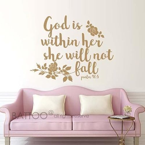 BATTOO Psalm 46:5 Bible Wall Decal Quote - God is Within her she Will not Fall - Teen Girl Vinyl Decal Religious Wall Art Christian Word Vinyl Lettering(Gold, 20" WX16 H)