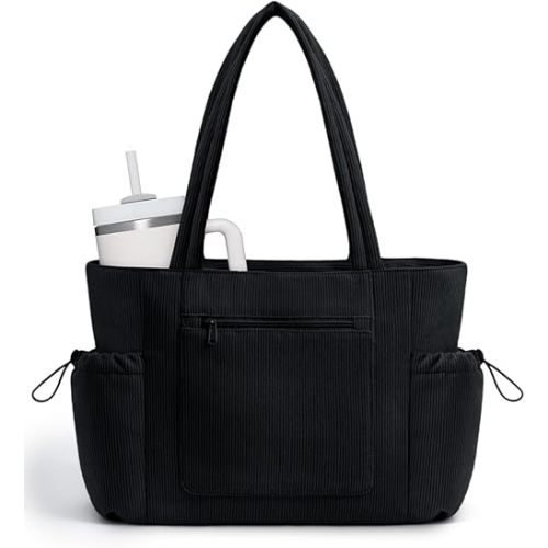 ECOHUB Tote Bag for Women, Work Tote Bags with Laptop Compartment, Large Corduroy Tote Bag with Stanley Cup Holder