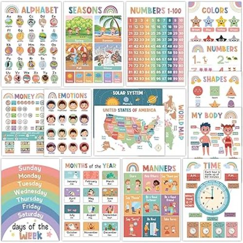 16Pcs Educational Posters for Toddlers 1-3, Learning Posters for Toddlers 1-3, ABC Poster for Kids Ages 3-5, Preschool Posters 1 2 3 Year Old, Kindergarten Homeschool Classroom Must Haves Wall Decor