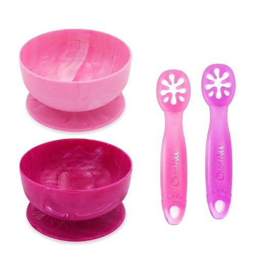 ChooMee Baby Suction Bowls & FlexiDip Learning Utensil Set, 4 CT Small, Light & Dark Pink