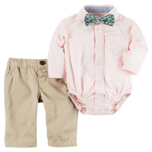 Carter's 2 Piece Pink Button Down Bodysuit with Bow Tie and Brown Pant Set