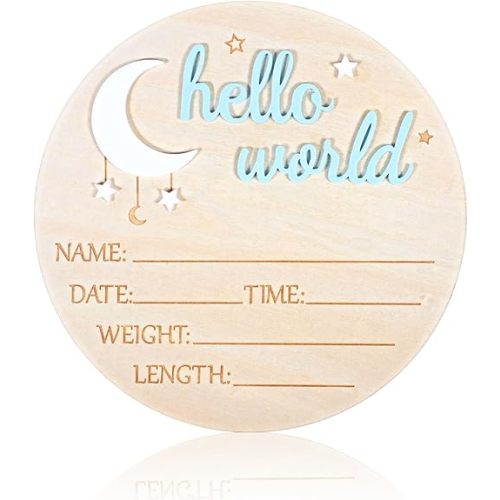 Baby Announcement Sign, 5.9 Inch Wooden Hello World Newborn Signs, Birth Announcement Sign, Star and Moon Design Baby Shower Hospital Nursery for Newborn Boys and Girls (Sky Blue)