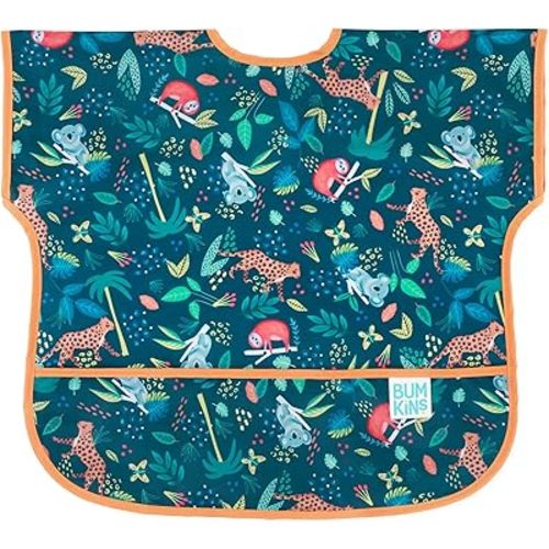 Bumkins Short Sleeve Bib for Girl or Boy, Toddler and Kids for 1-3 Years, Large Size, Essential Must Have for Junior Children, Eating, Mess Saving Soft Fabric Apron for Play, Jungle