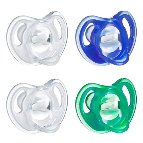 Tommee Tippee Ultra-Light Silicone Pacifier, 0-6 Months, Symmetrical One-Piece Design, BPA-Free Silicone Binkies, Clear/Blue/Green, Pack of 4