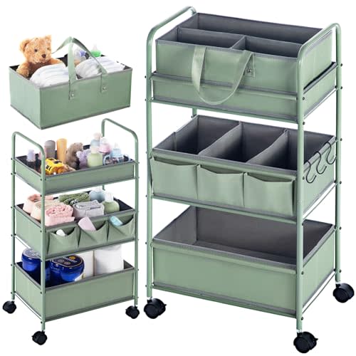 Honeydak 2in1 Baby Diaper Caddy Organizer Cart 3 Tier Large Capacity Metal Utility Bedside Rolling Cart with Divider for Newborn Nursery Essential Must Have for Crib Bedroom Baby Shower(Green)