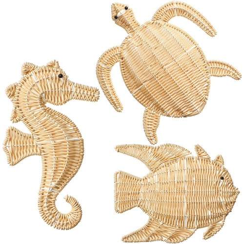 3 Pcs Handmade Wicker Coastal Wall Decor Set – Sea Turtle Fish Seahorse Boho Nautical Wall Art, Natural Water Hyacinth Ocean Hanging Sculptures, Rustic Beach Bathroom Indoor Outdoor Decor