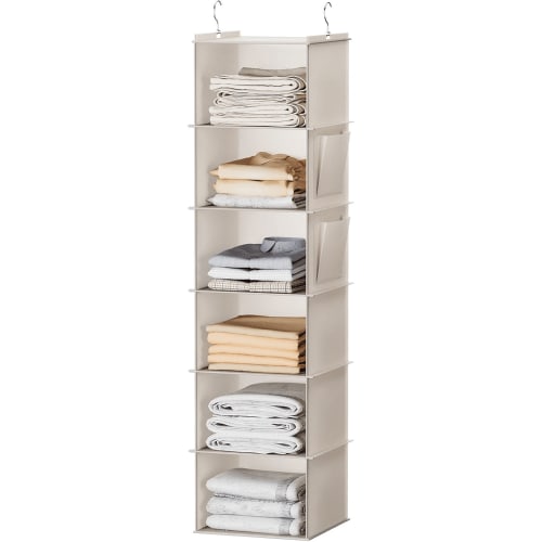 Hanging Closet Organizer, 6-Shelf Closet Hanging Storage with Side Pockets, Beige