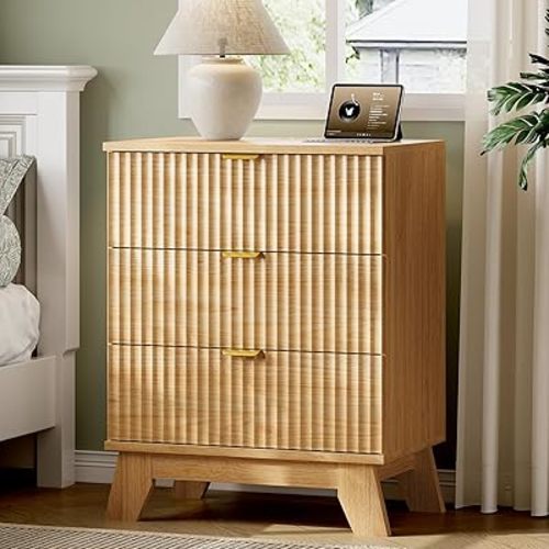 Xixini Fluted Nightstand with Charging Station, 24" Wide Bedside Table with 3 Large Storage Drawers, Modern Wood Side Table Night Stand, Tall End Table for Bedroom, Natural Oak