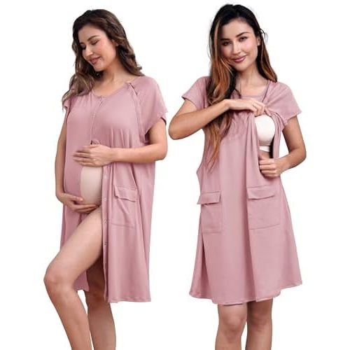 SUNNYBUY 2 PCS Maternity Set Labor Delivery Gown Matching Nursing Dress, Hospital Birth&Breastfeeding Outfits for Postpartum
