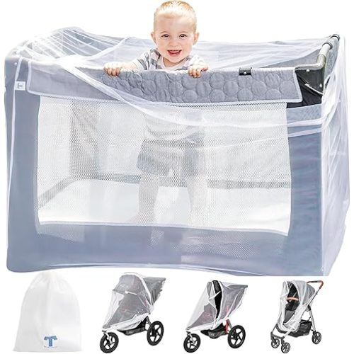 Pack n Play Cover with Zippers – Adaptable Premium Quality Mosquito Net for Stroller, Jogging Stroller, Playpen, Bassinet, Travel Crib – Portable Mosquito Net for Baby, Drawstring Base for Snug Fit