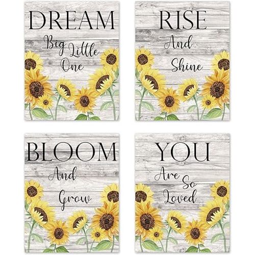 Sweet Jojo Designs Yellow Sunflower Boho Floral Wall Art Prints Room Decor for Baby, Nursery, and Kids - Set of 4 - Farmhouse Wood Grain Rustic Watercolor Flower Vintage Southern Country