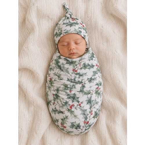Christmas Holly Berry Baby Swaddle, Watercolor Holiday Newborn Blanket