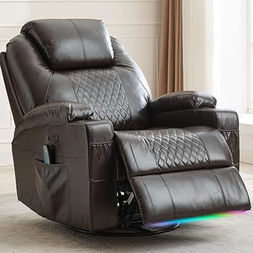Power Swivel Rocker Recliner Chair for Adults with Heat and Massage, LED Lights, USB-A and USB-C Ports, Electric Glider Recliner Nursery Chair for Living Room (Brown, Single Chair)
