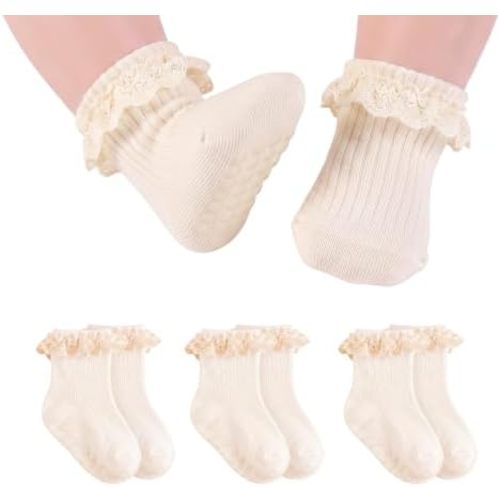 Baby Girl Ruffle Socks with Grips Soft Cotton Non Slip Ankle Socks