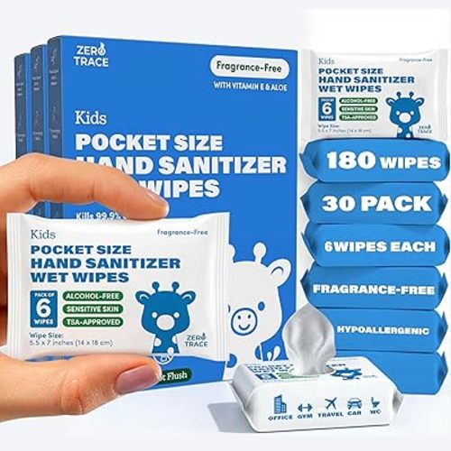 Zero Trace Hand Sanitizer Wipes Bulk – Travel Size, Alcohol-Free, Fragrance-Free – Kills 99.9% of Germs – Safe for Kids & Adults – 180 Wipes (30 Packs of 6) – TSA Approved, Pocket-Friendly
