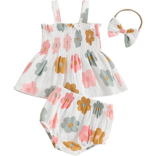 woshilaocai Baby Girl Summer Clothes Vintage Floral Sleeveless Smocked Tank Tops Bubble Shorts Bow Headband Cute 3Pcs Set