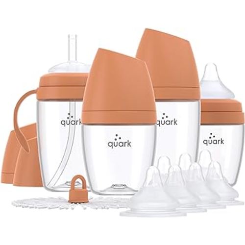 BuubiBottle Hybrid Bottle Feeding Bundle by Quark - Baby Bottle Set with Baby Bottles for Breastfed Babies from Newborn to Toddler - With RealFeel Anti Colic Nipples, Sippy Cup Conversion Kit - Orange