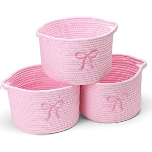 Vesici 3 Pcs Pink Bow Small Baskets Coquette Bow Woven Cotton Rope Storage Basket 9.7'' x 7.1'' Laundry Organizer with Handles for Toys Clothes Organization Nursery Bedroom
