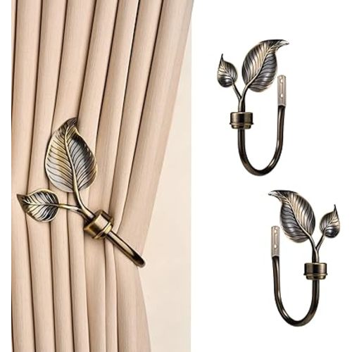 SUQ I OME Vintage Leaf Shaped Curtain Holdbacks, 2 Piece Handmade Metal Wall Mounted Tieback Hooks for Drapes, Bronze Window Treatment Holders, Home Decorative,Bronze