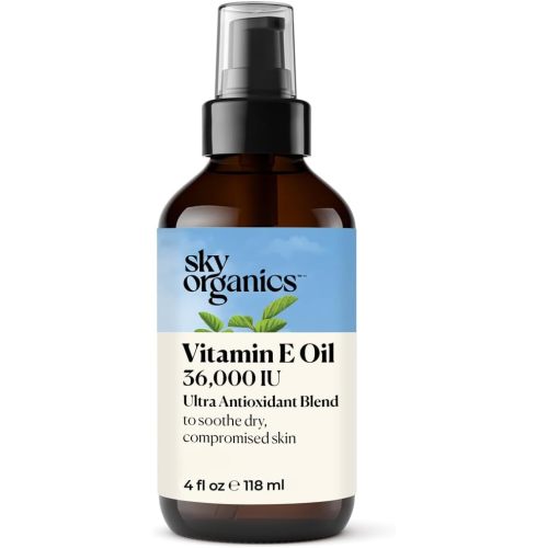 Sky Organics Vitamin E Oil Blend for Face, Organic Antioxidant Facial Oil, 36,000 IUs to Deliver Reparative Moisture and Soothe Dry, Damaged Skin, 100% Pure & Cold-Pressed, 3.97 fl oz, 117 ml