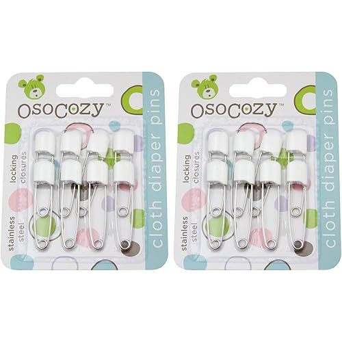 OsoCozy Diaper Pins - Sturdy, Stainless Steel with Safe Locking Closures - 8 Count (Pack of 2) - White - Colorful Laundry Pins