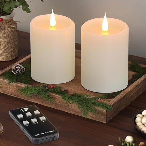 Flickering Flameless Candles, 3D Moving Flame Battery Operated Candles with Timer and Remote, Last 600+ Hours Flameless Candles, Fake Candles, Real Wax Pillar Electric LED Candle 3"x4" 2 Pack